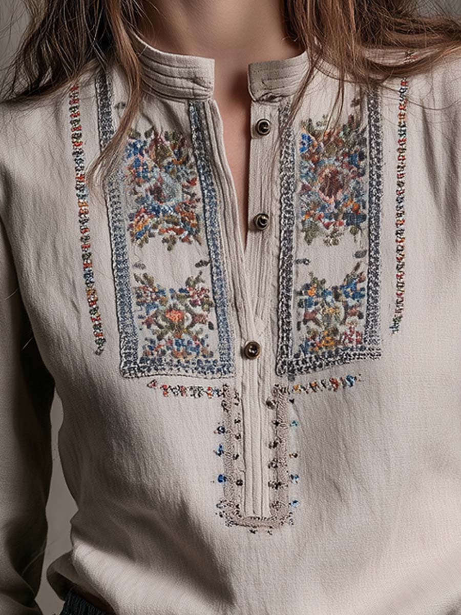 Vintage Embroidered Boho Linen Blouse - Image 2