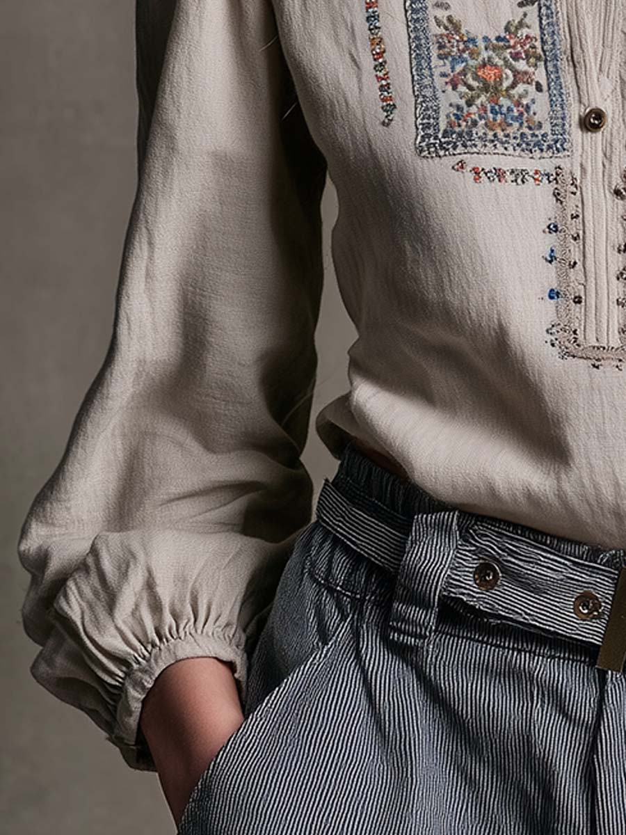 Vintage Embroidered Boho Linen Blouse - Image 3