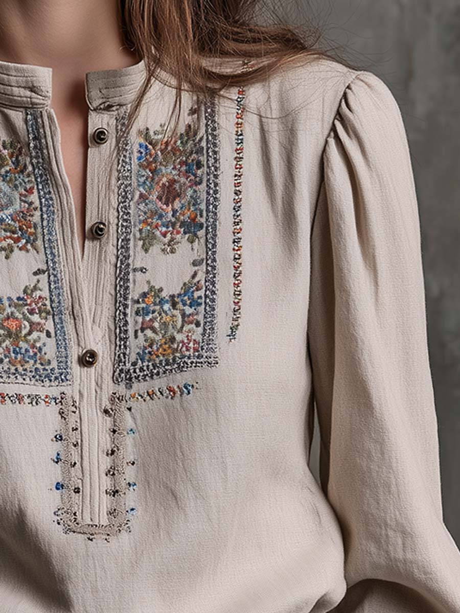 Vintage Embroidered Boho Linen Blouse - Image 4