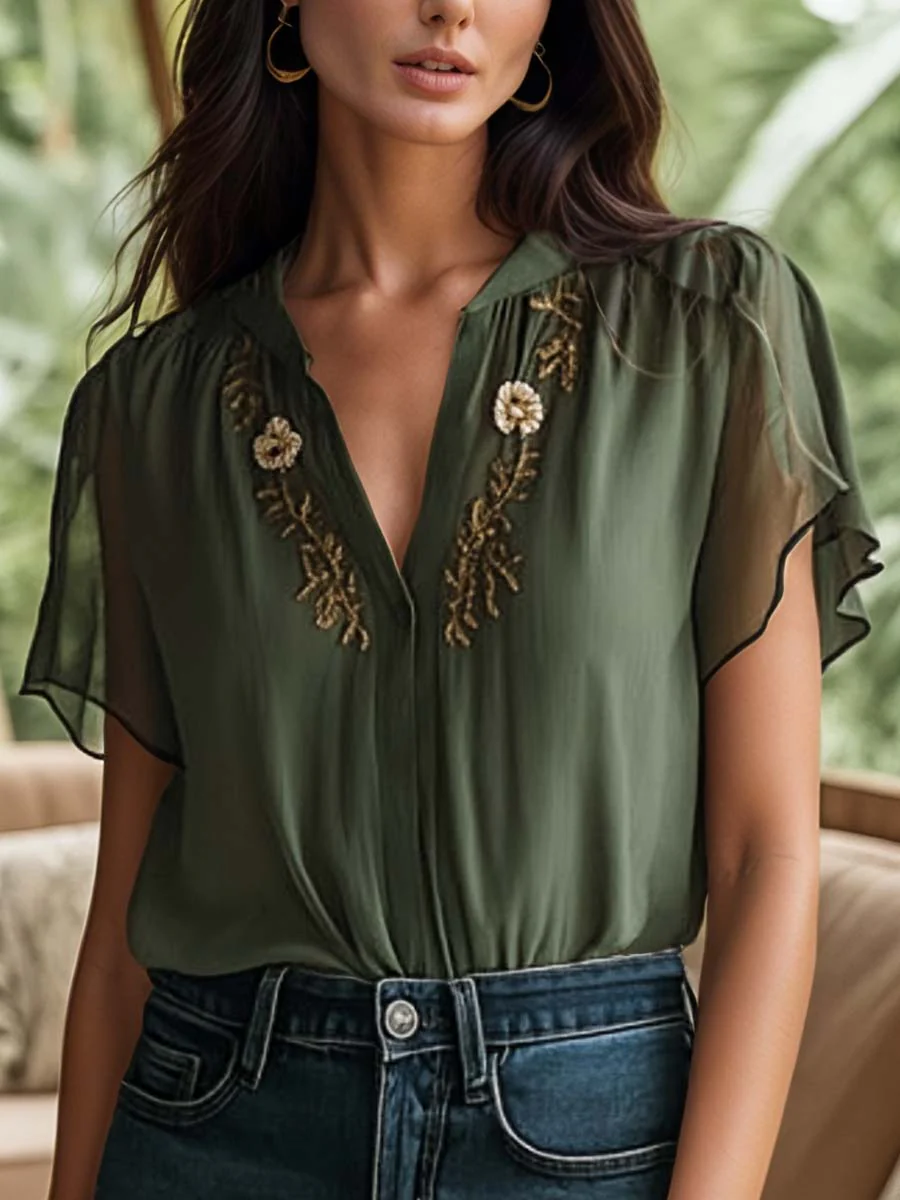 Vintage Embroidered Chiffon Short Sleeve Shirt - Image 3
