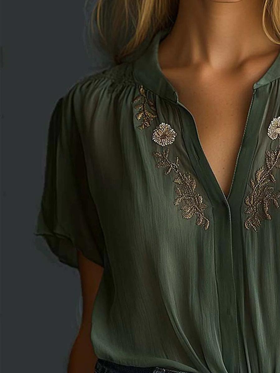 Vintage Embroidered Chiffon Short Sleeve Shirt - Image 4