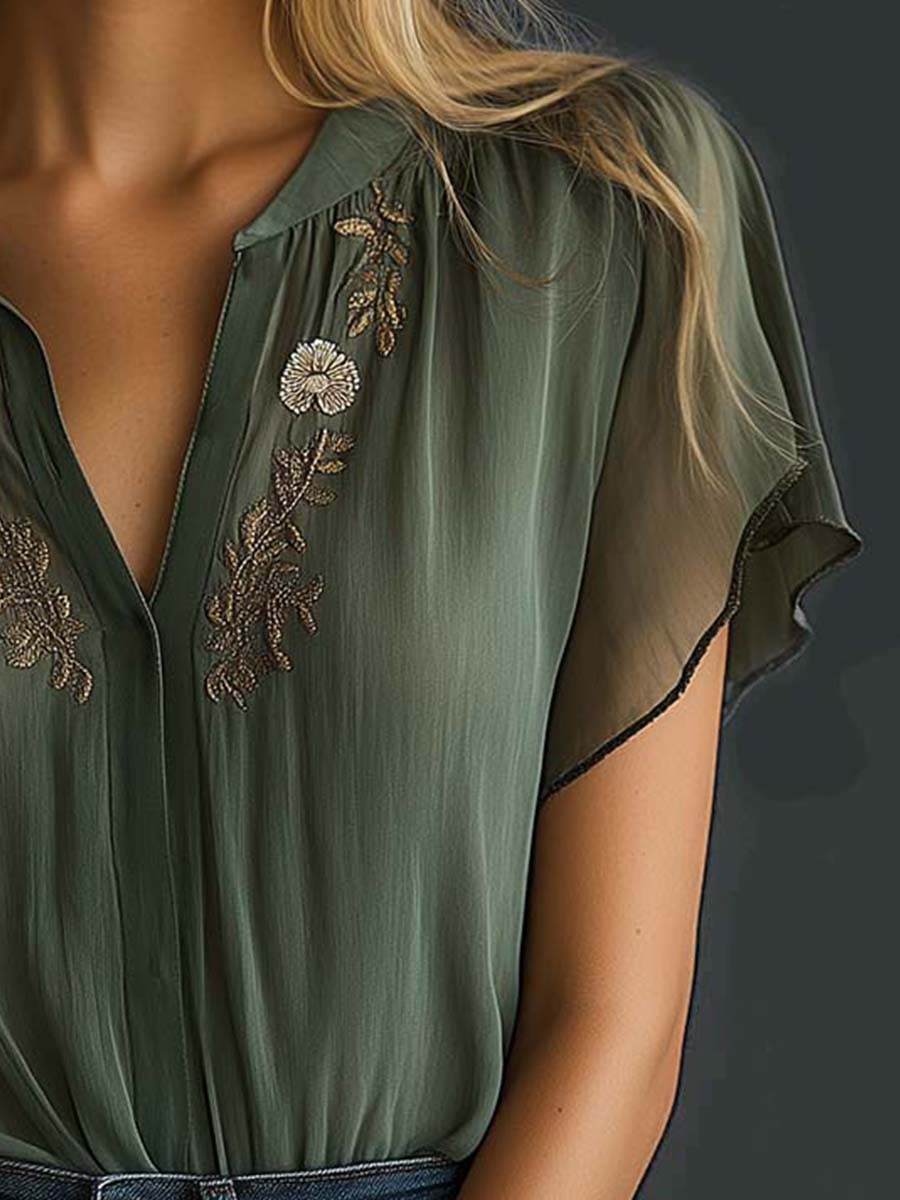 Vintage Embroidered Chiffon Short Sleeve Shirt - Image 5
