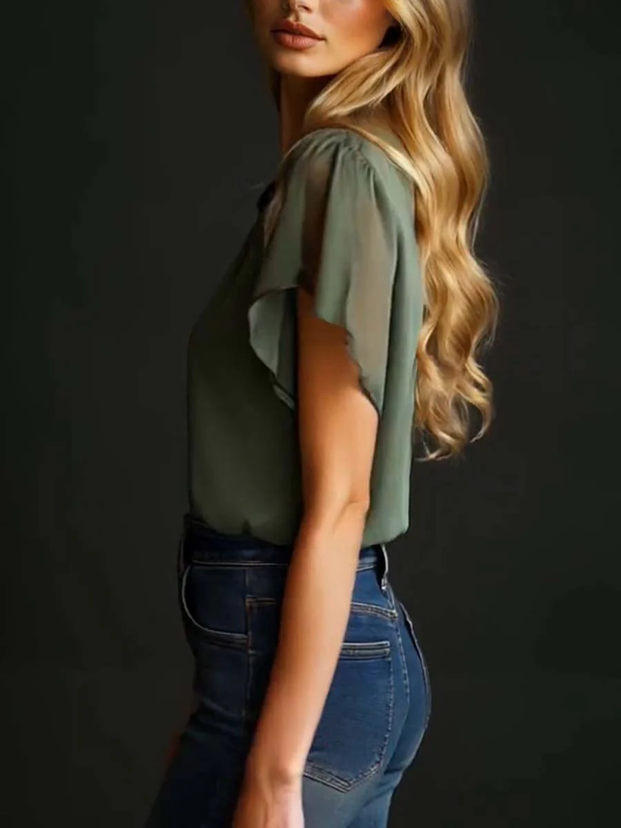 Vintage Embroidered Chiffon Short Sleeve Shirt - Image 6