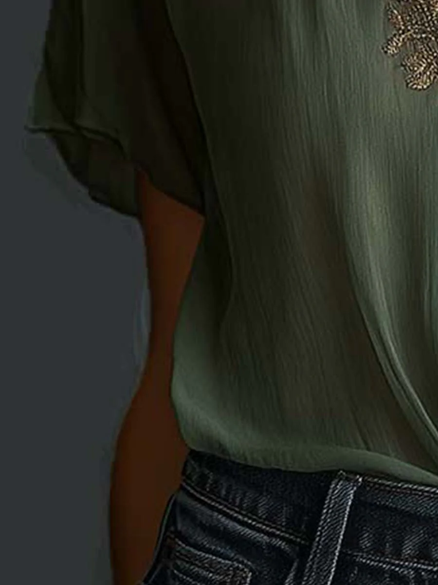 Vintage Embroidered Chiffon Short Sleeve Shirt - Image 7