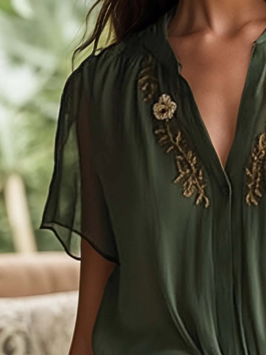 Vintage Embroidered Chiffon Short Sleeve Shirt - Image 8