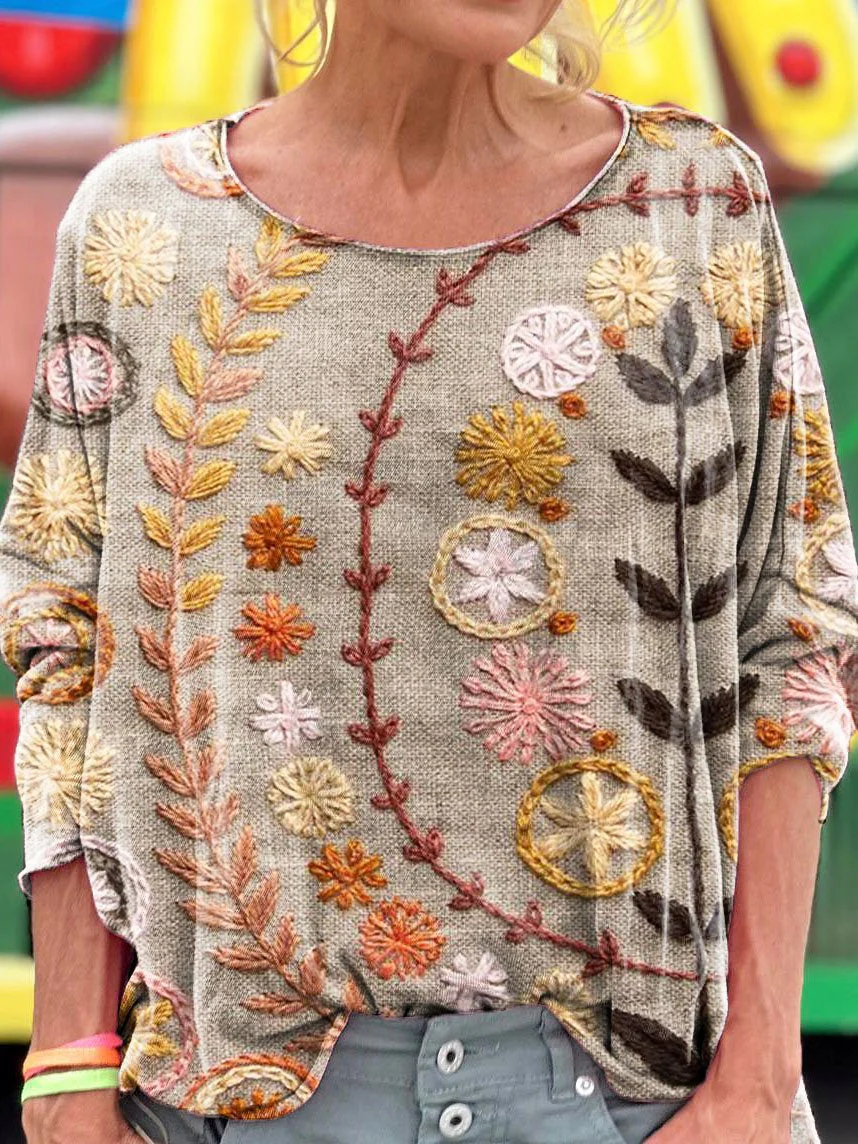 Vintage Embroidered Floral Totem Art Print Casual Long Sleeve T-shirt - Image 2