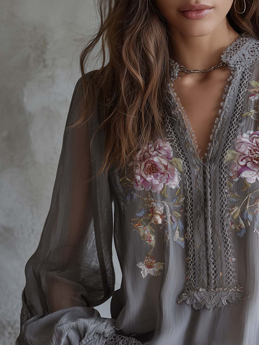 Vintage Embroidered Lace-trimmed Chiffon Blouse - Image 3