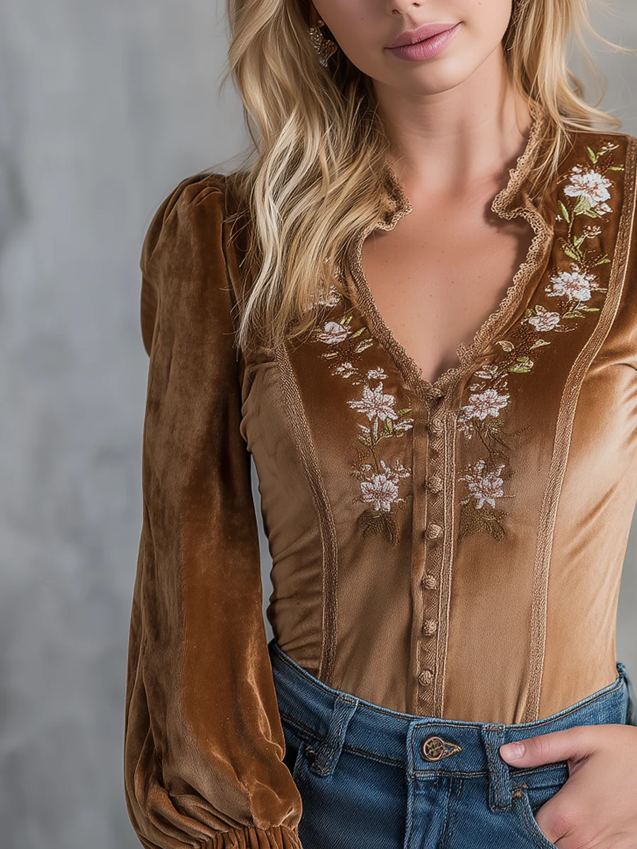 Vintage Embroidered Lace Velvet Blouse - Image 2