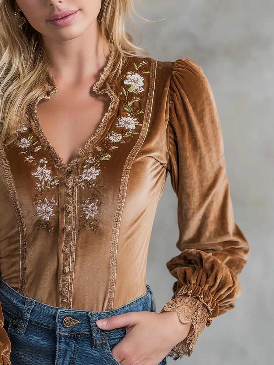 Vintage Embroidered Lace Velvet Blouse - Image 3