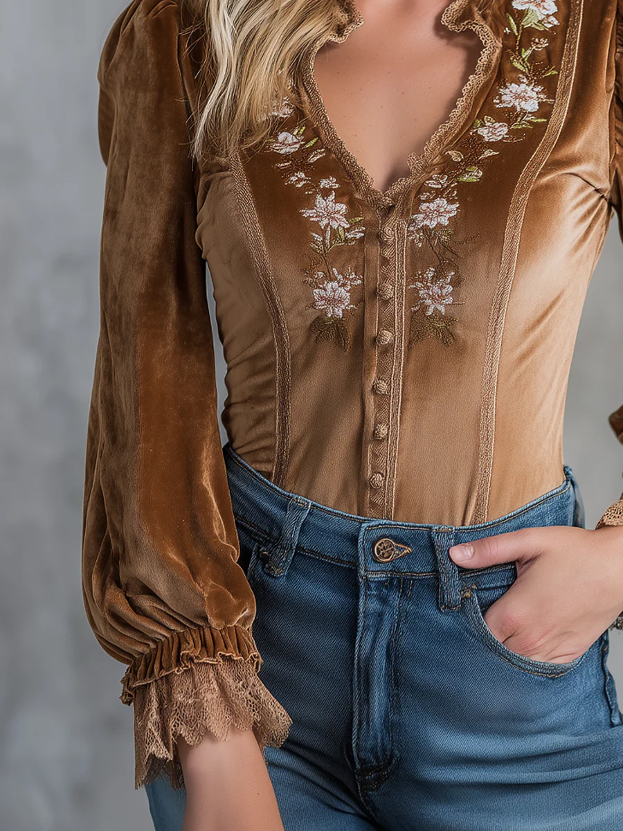 Vintage Embroidered Lace Velvet Blouse - Image 4