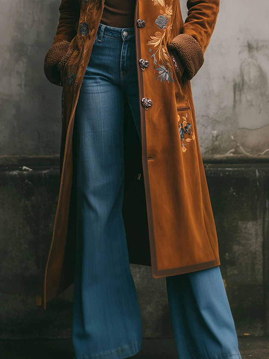 Vintage Embroidered Microsuede Shearling Lining Long Coat - Image 3