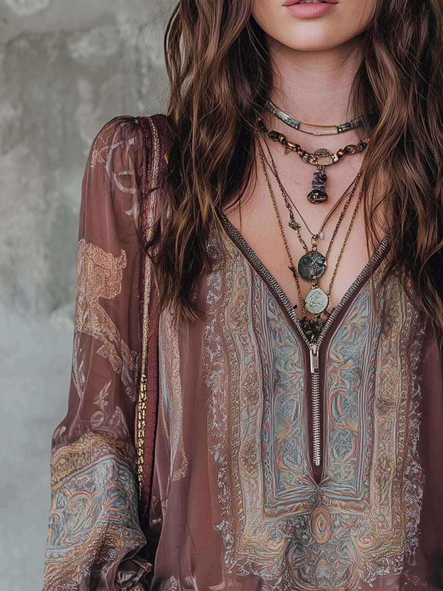 Vintage Ethnic Style Floral Lace Cuffs Blouse - Image 2