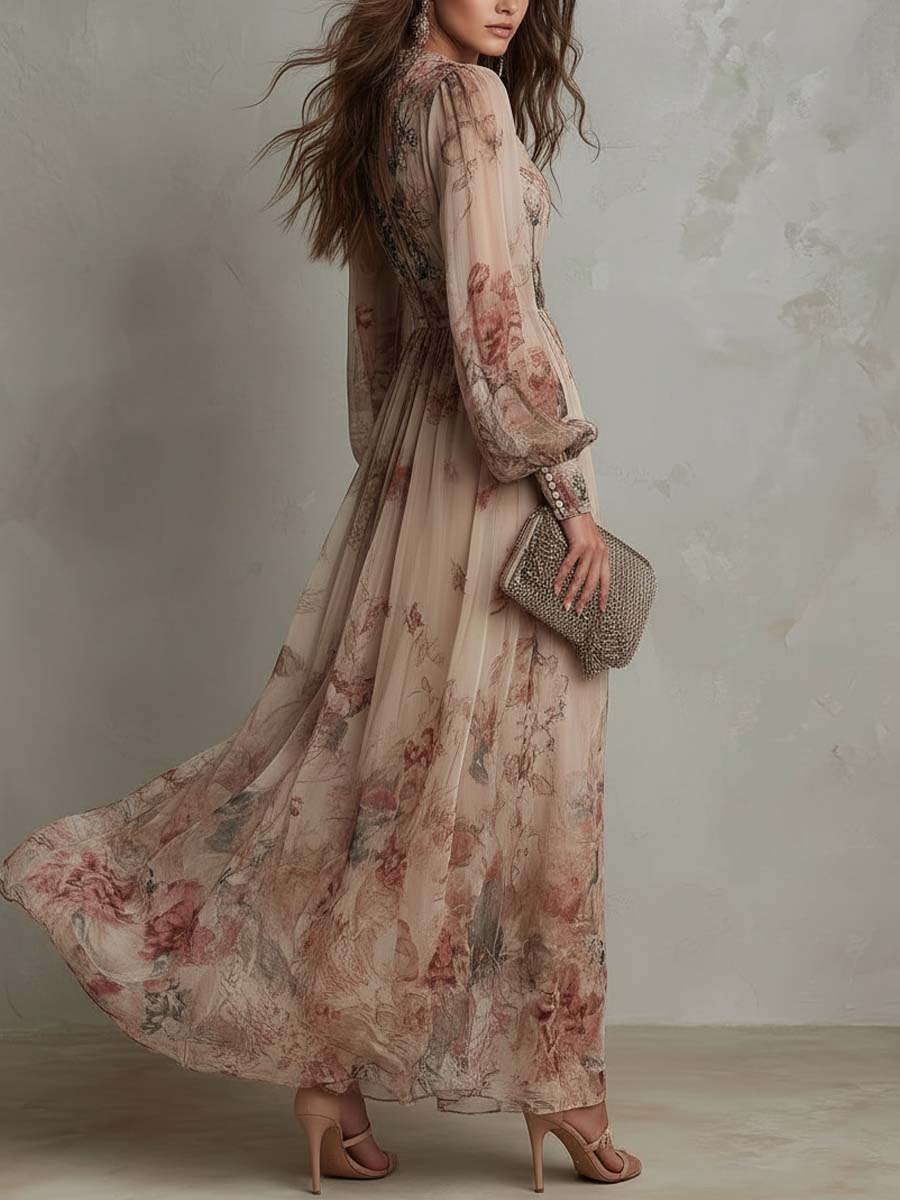 Vintage Floral Chiffon High-Neck Maxi Dress - Image 2