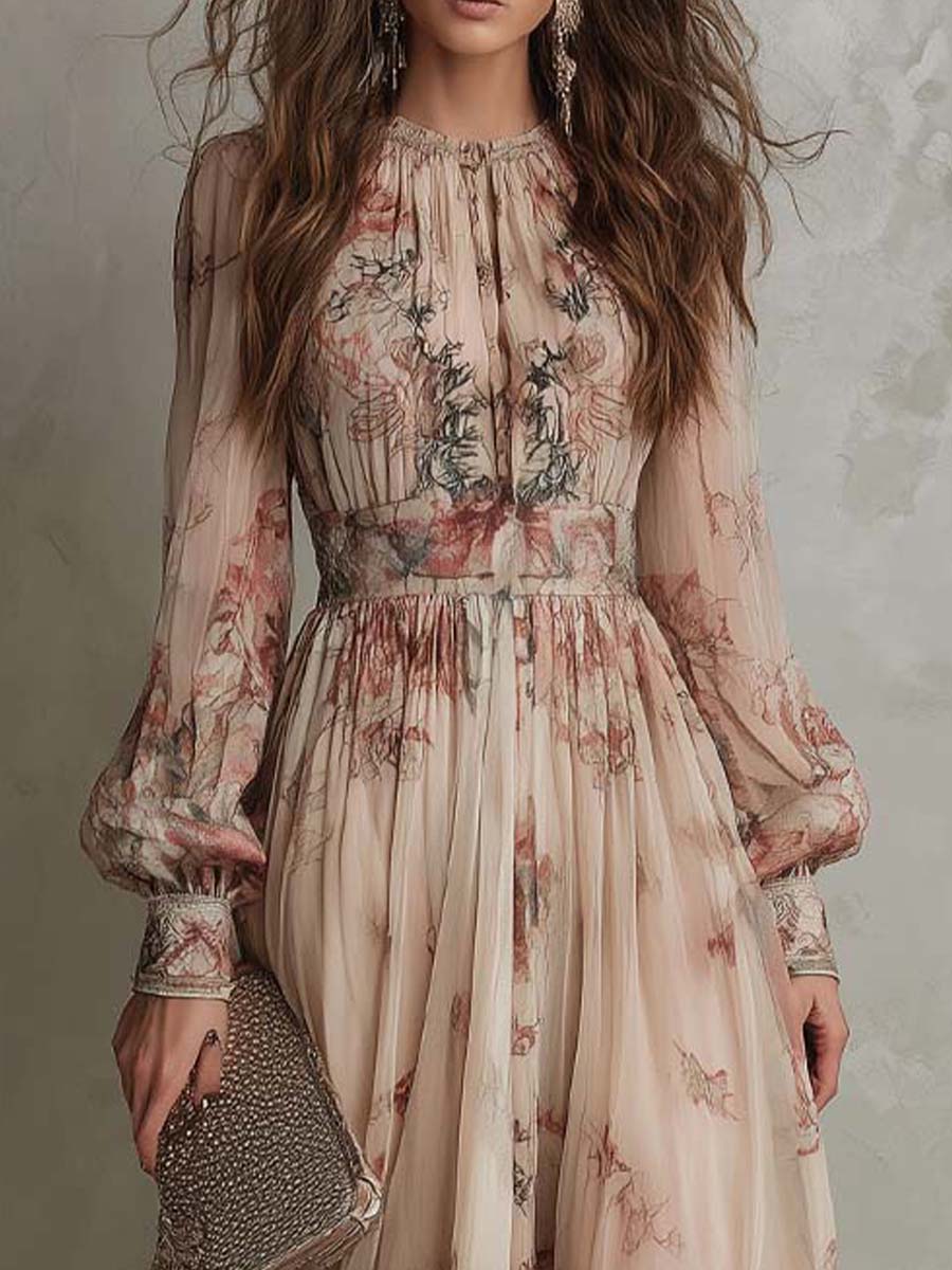 Vintage Floral Chiffon High-Neck Maxi Dress - Image 4