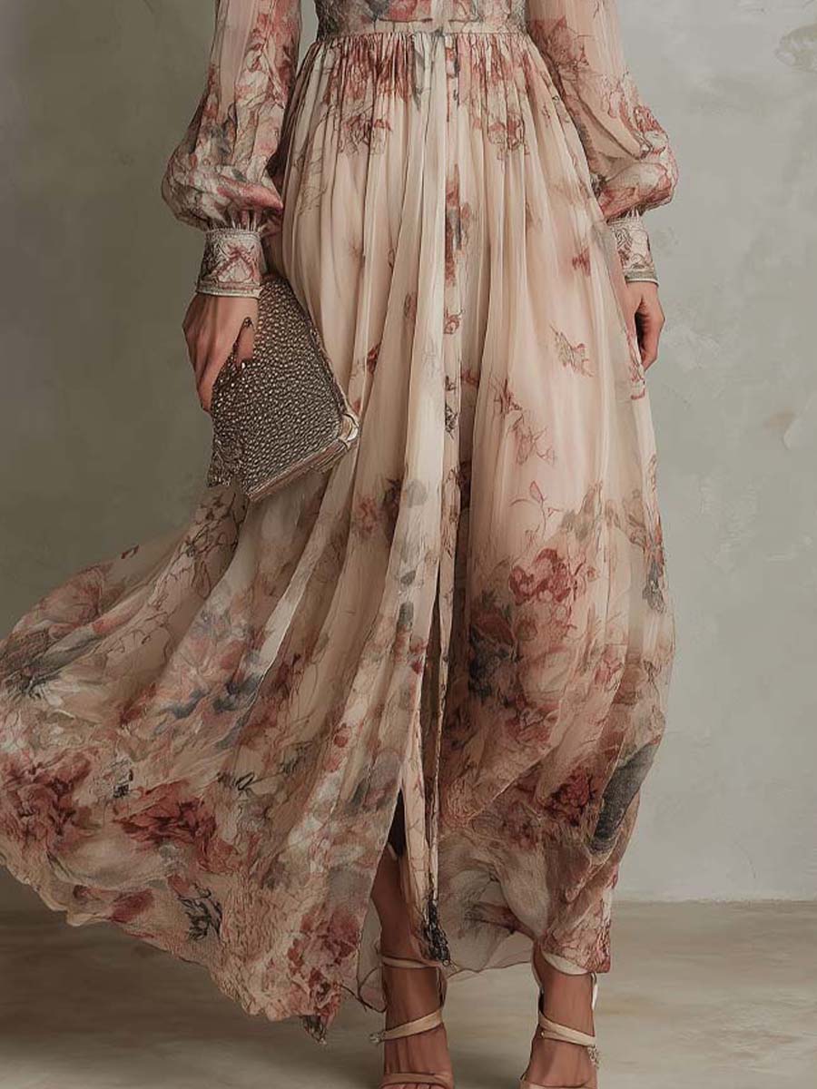Vintage Floral Chiffon High-Neck Maxi Dress - Image 5