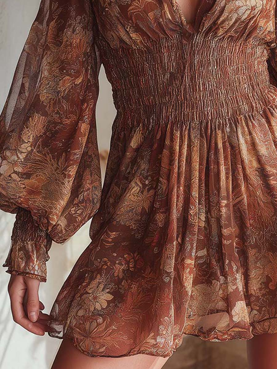 Vintage Floral Chiffon Smocked Mini Dress - Image 3