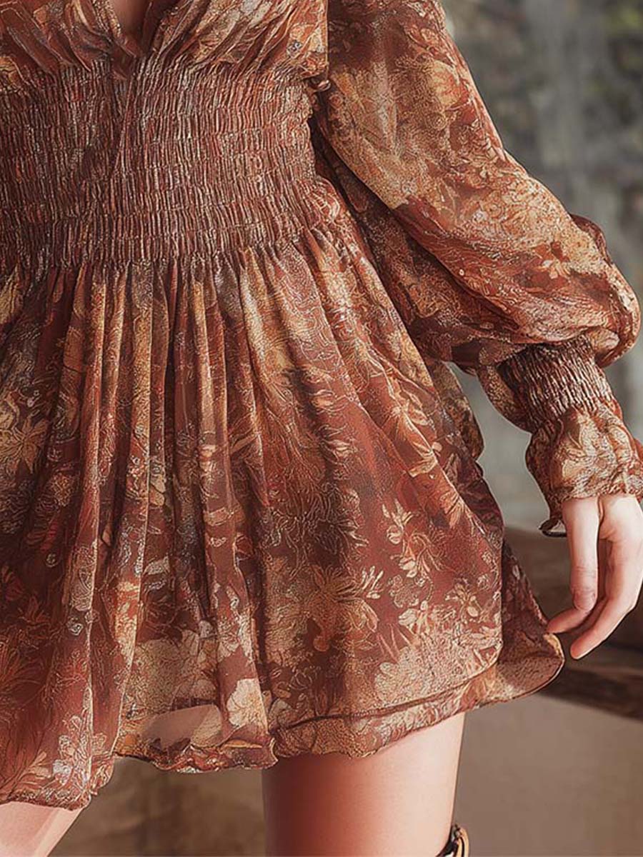 Vintage Floral Chiffon Smocked Mini Dress - Image 4
