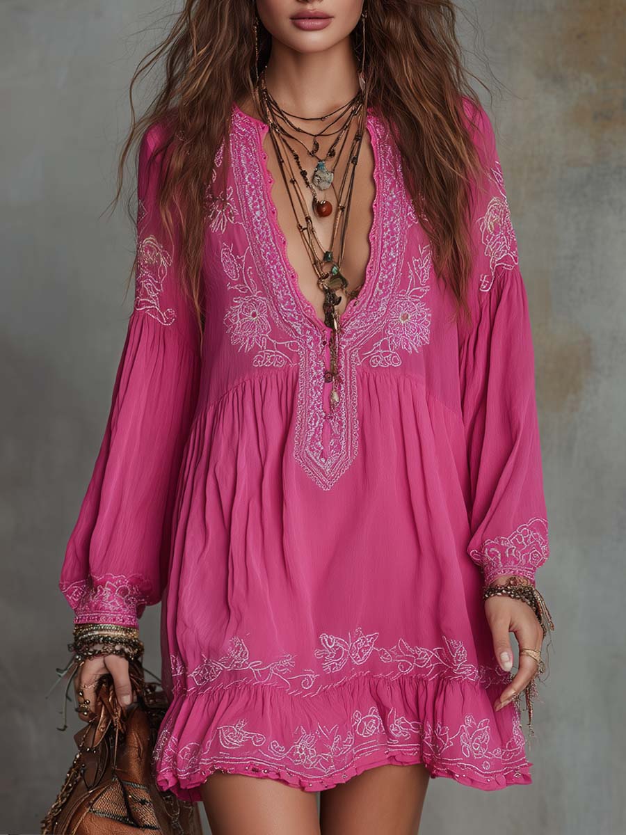 Vintage Floral Embroidered Mini Dress