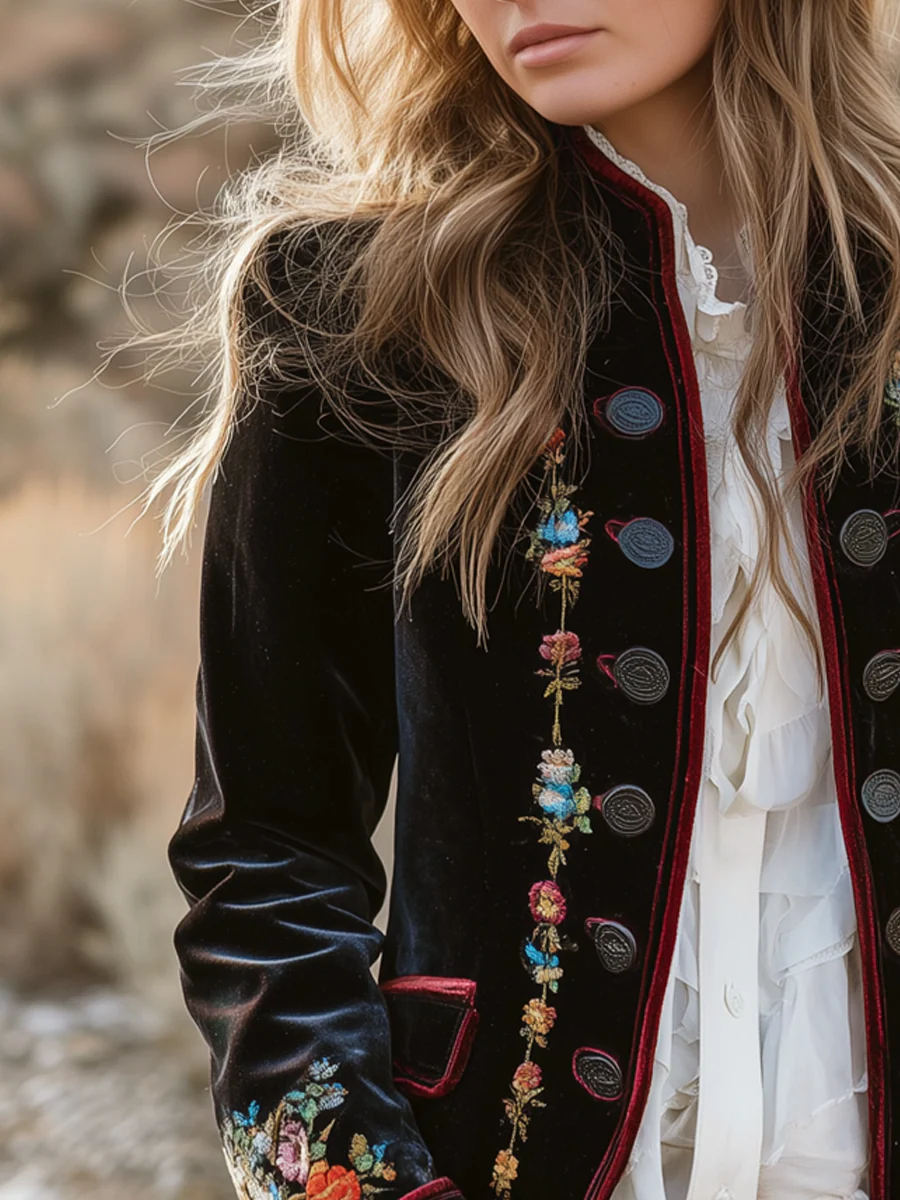 Vintage Floral Embroidered Velvet Blazer - Image 2