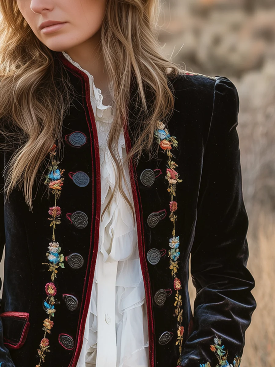 Vintage Floral Embroidered Velvet Blazer - Image 3