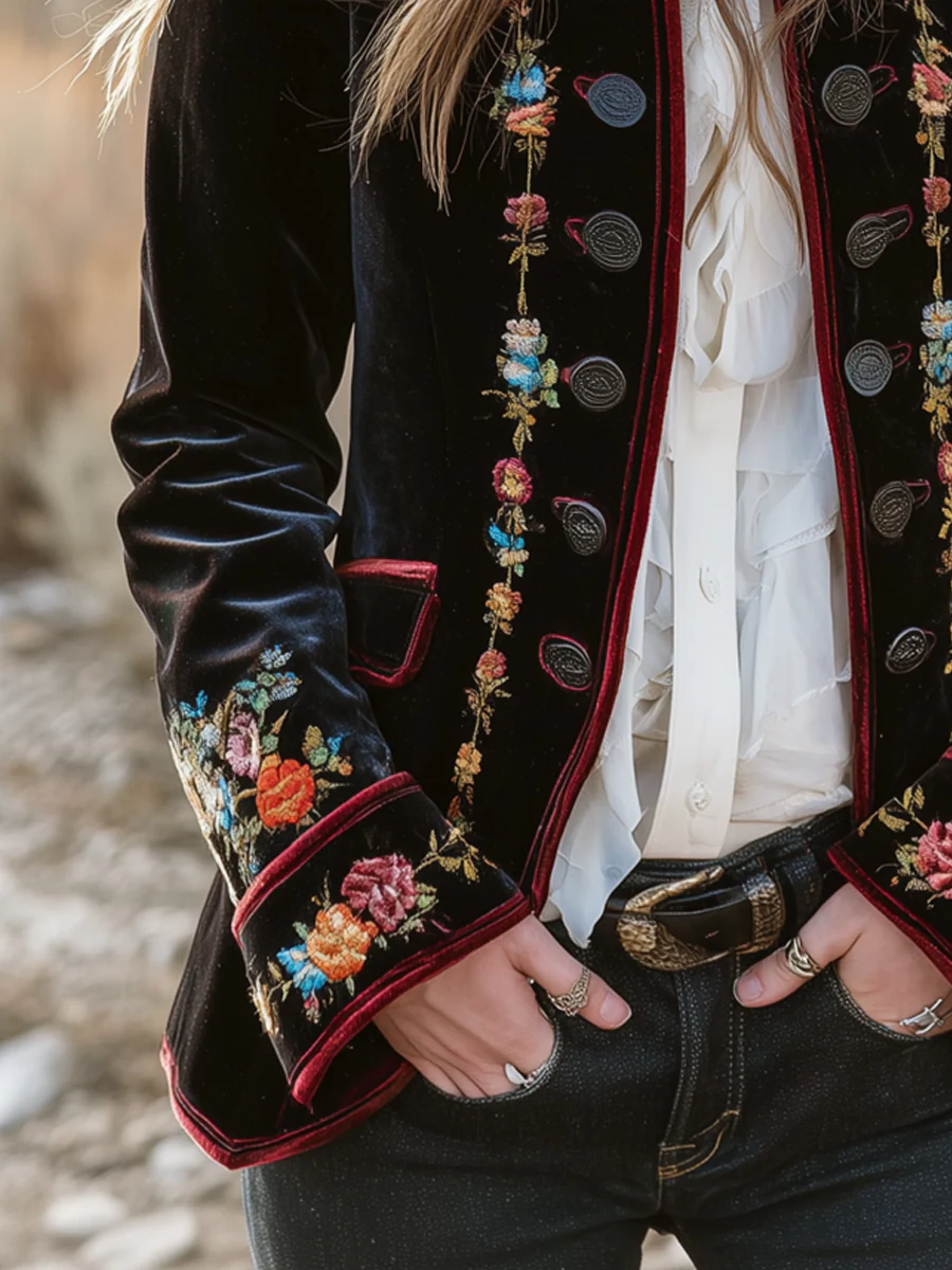 Vintage Floral Embroidered Velvet Blazer - Image 4
