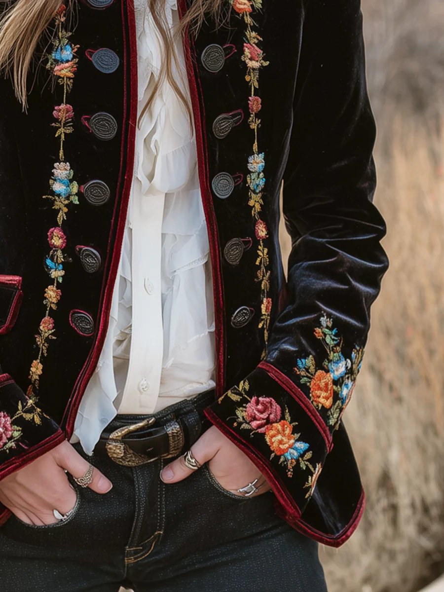 Vintage Floral Embroidered Velvet Blazer - Image 5