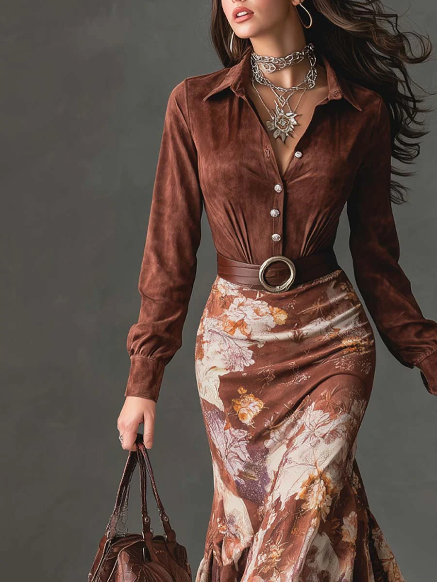 Vintage Floral Flare Hem Polyester Suede Maxi Dress - Image 2