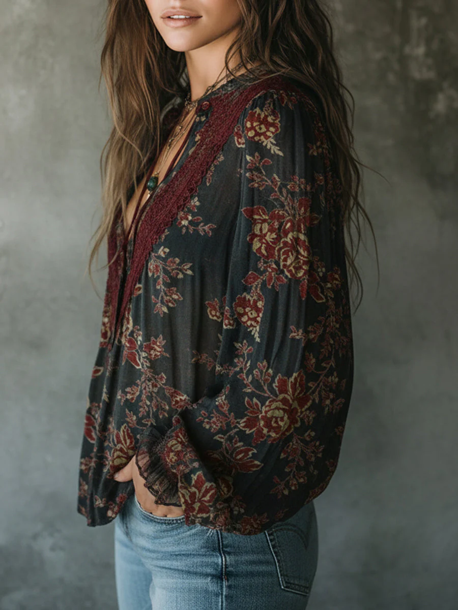 Vintage Floral Jacquard Mixed Cotton Lace Loose Blouse - Image 2