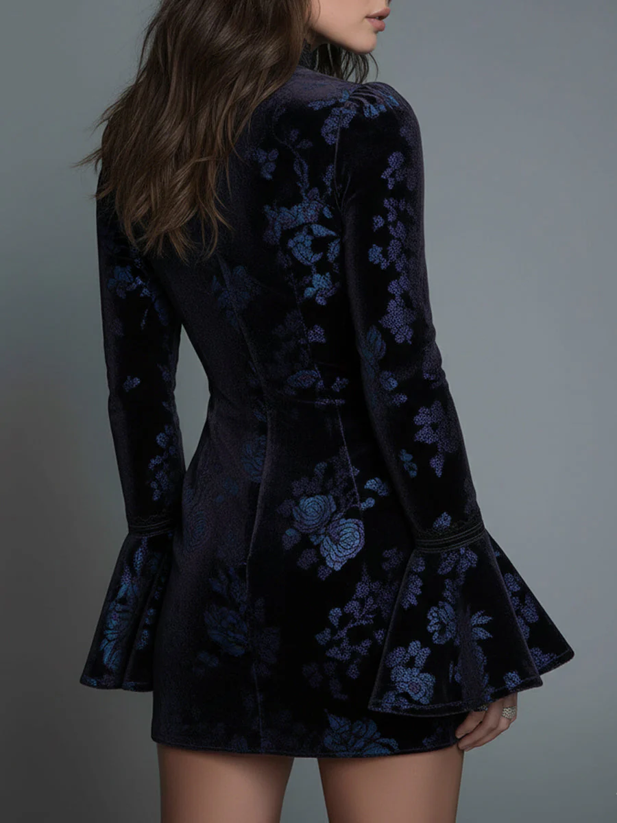 Vintage Floral Lace-trimmed Slim-fit Polyester Velvet Mini Dress - Image 4