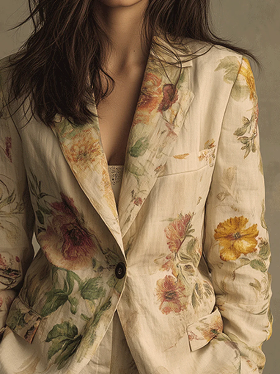 Vintage Floral Linen Blazer - Image 2