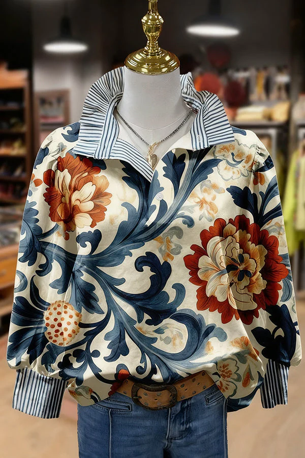 Vintage Floral Print Striped Collar Top - Image 2