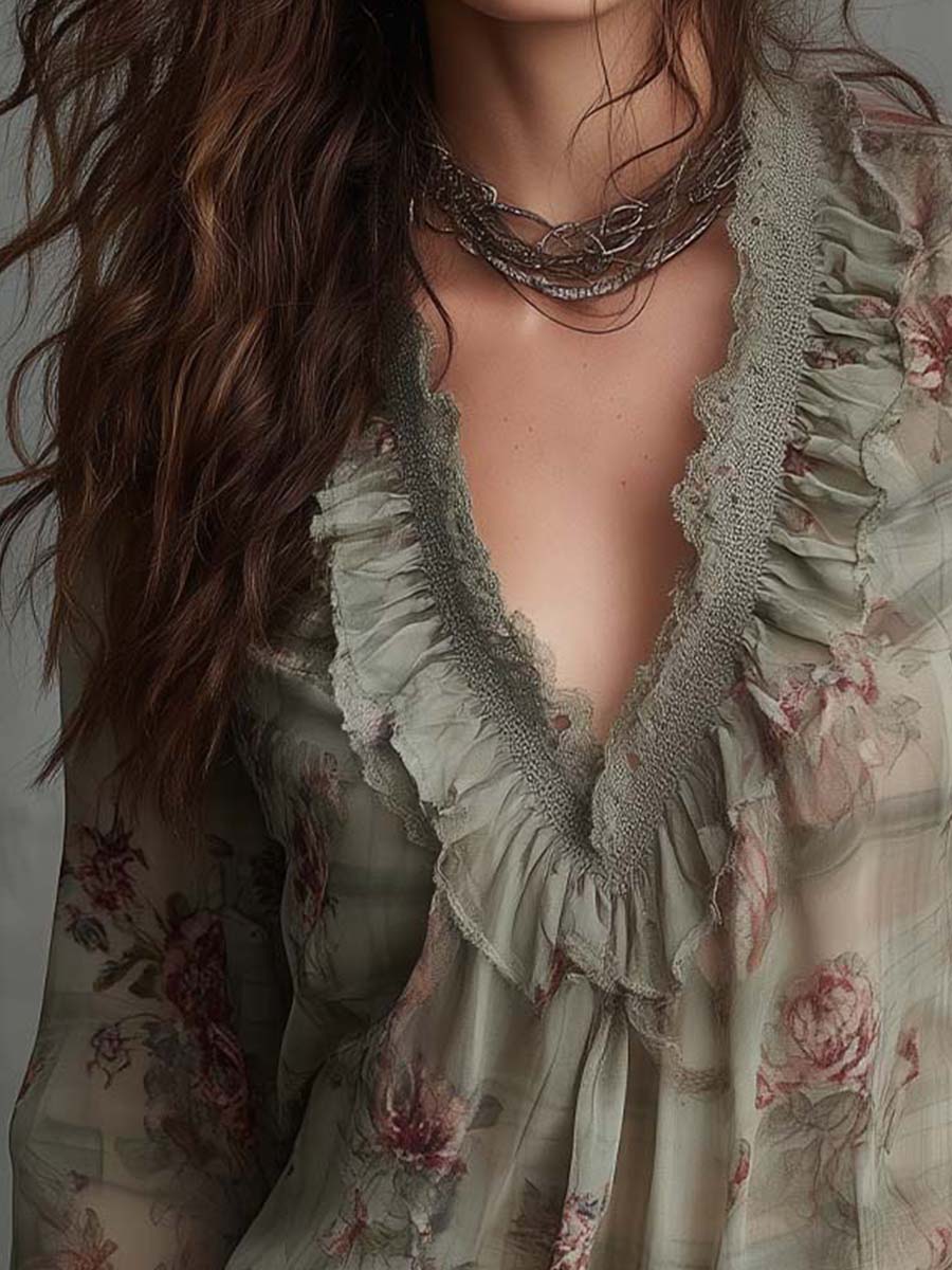 Vintage Floral Ruffle-Lace Chiffon Blouse - Image 2