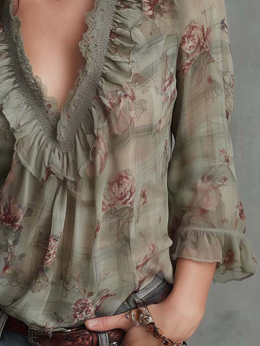 Vintage Floral Ruffle-Lace Chiffon Blouse - Image 3