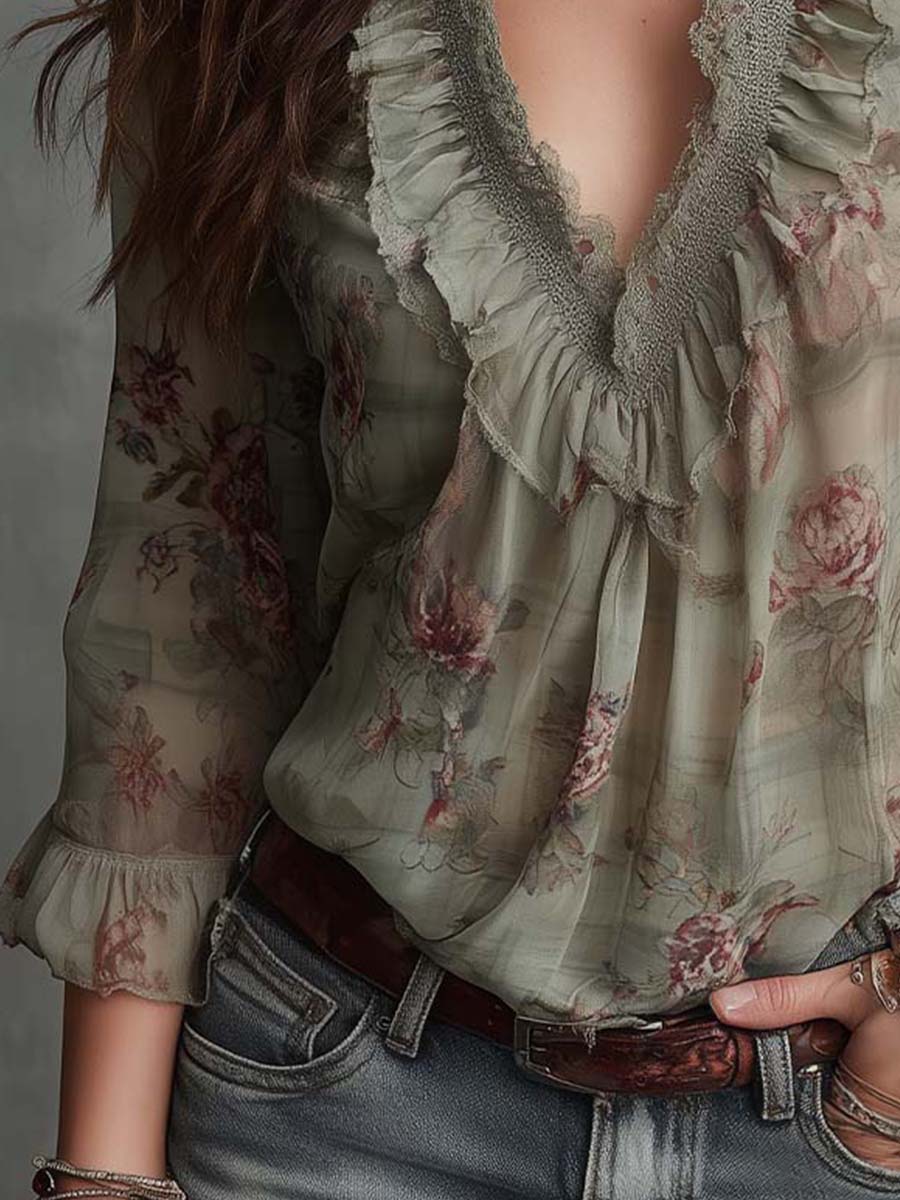 Vintage Floral Ruffle-Lace Chiffon Blouse - Image 4