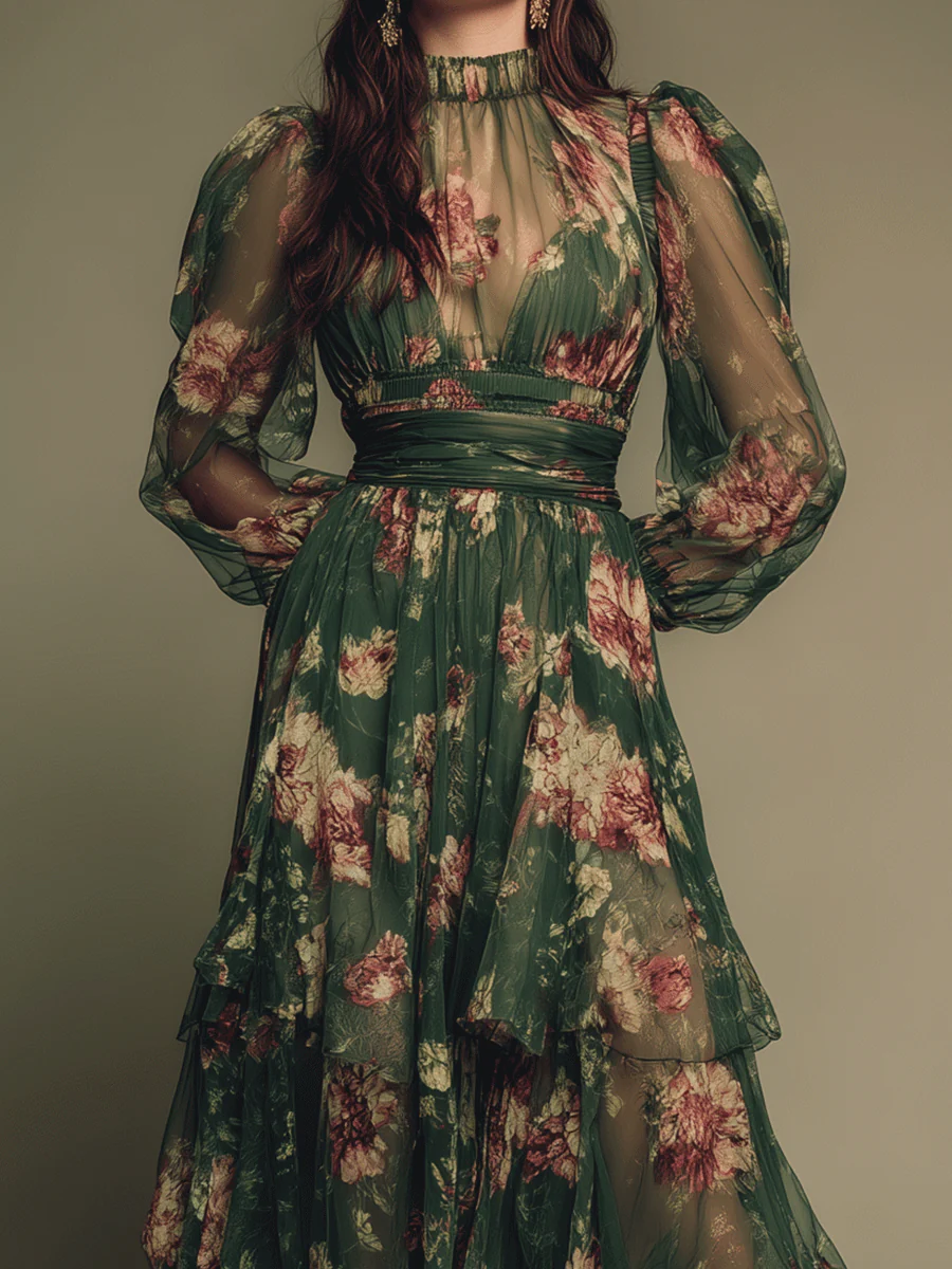 Vintage Floral Tiered Chiffon Maxi Dress - Image 2