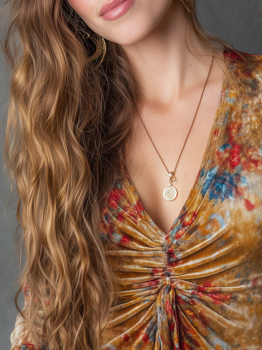 Vintage Floral Printed V-neck Long Sleeve Blouse - Image 2
