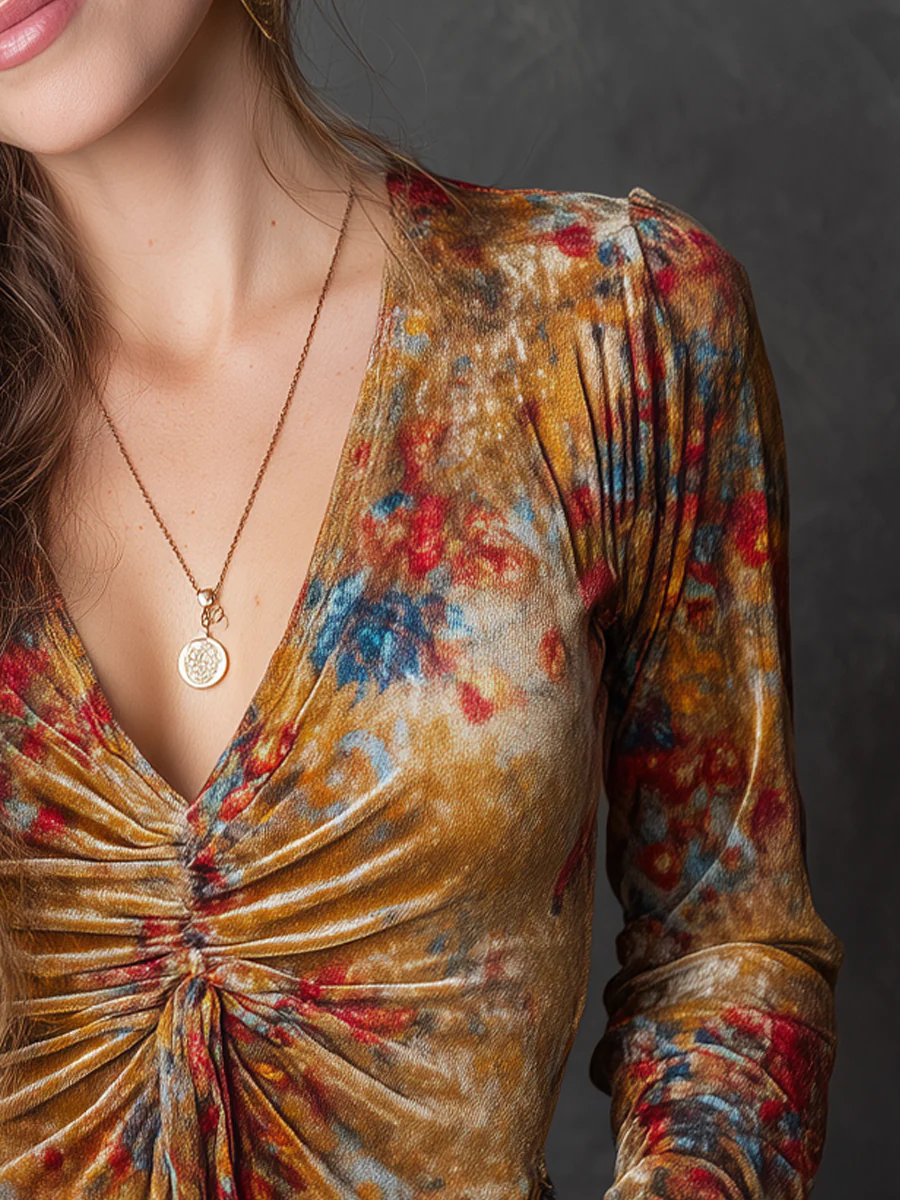Vintage Floral Printed V-neck Long Sleeve Blouse - Image 3
