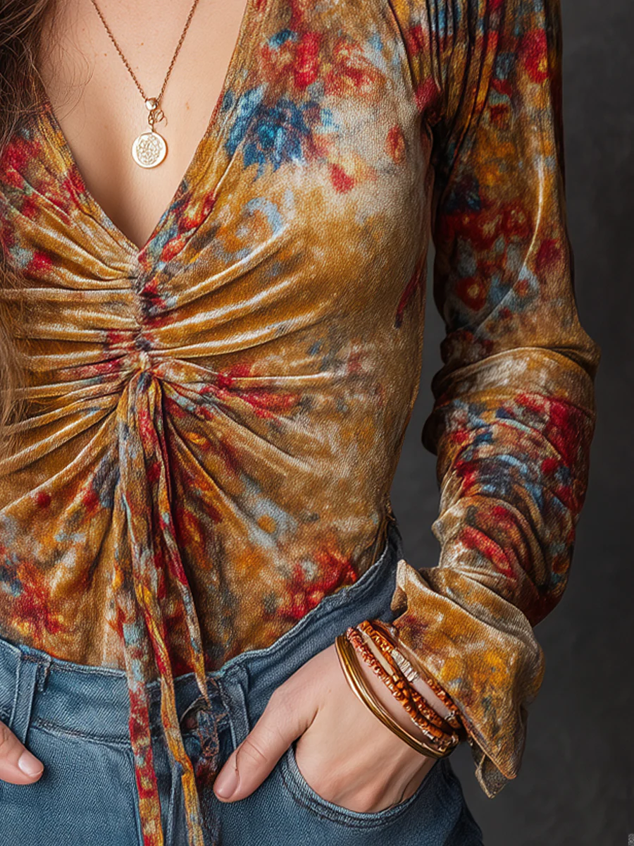 Vintage Floral Printed V-neck Long Sleeve Blouse - Image 4