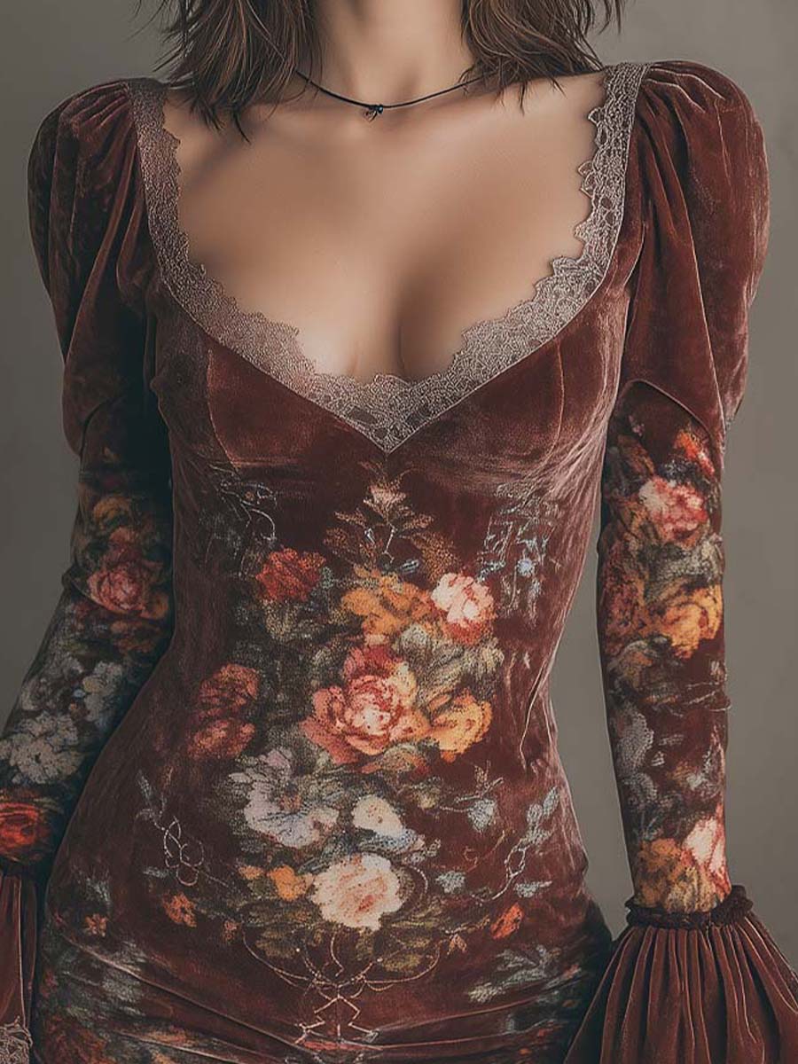 Vintage Floral Velvet Lace Mini Dress - Image 2