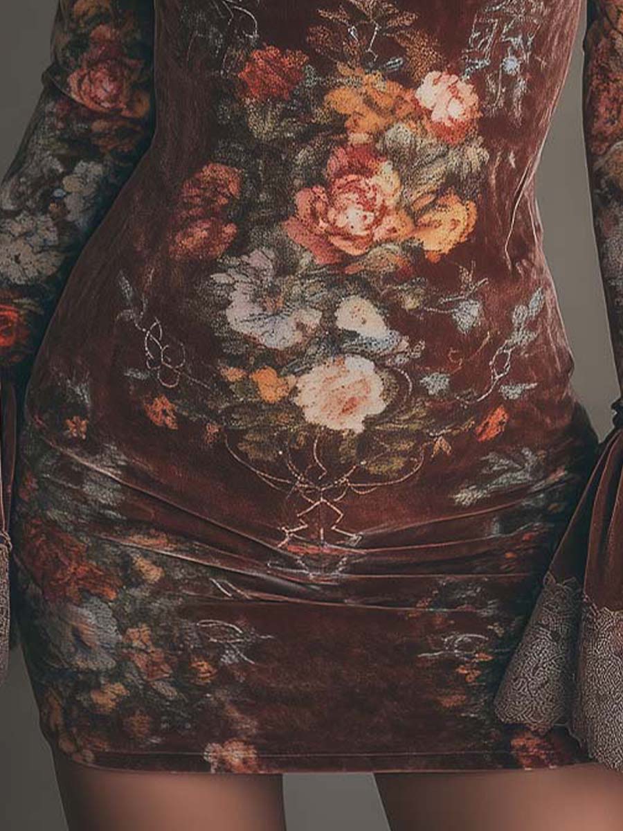 Vintage Floral Velvet Lace Mini Dress - Image 3