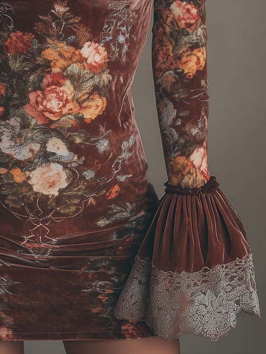 Vintage Floral Velvet Lace Mini Dress - Image 4