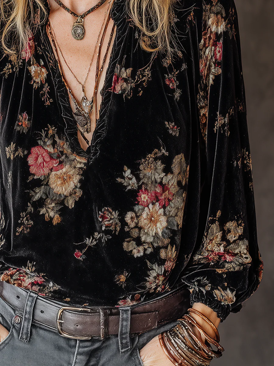Vintage Floral Velvet Long-Sleeved Blouse - Image 4