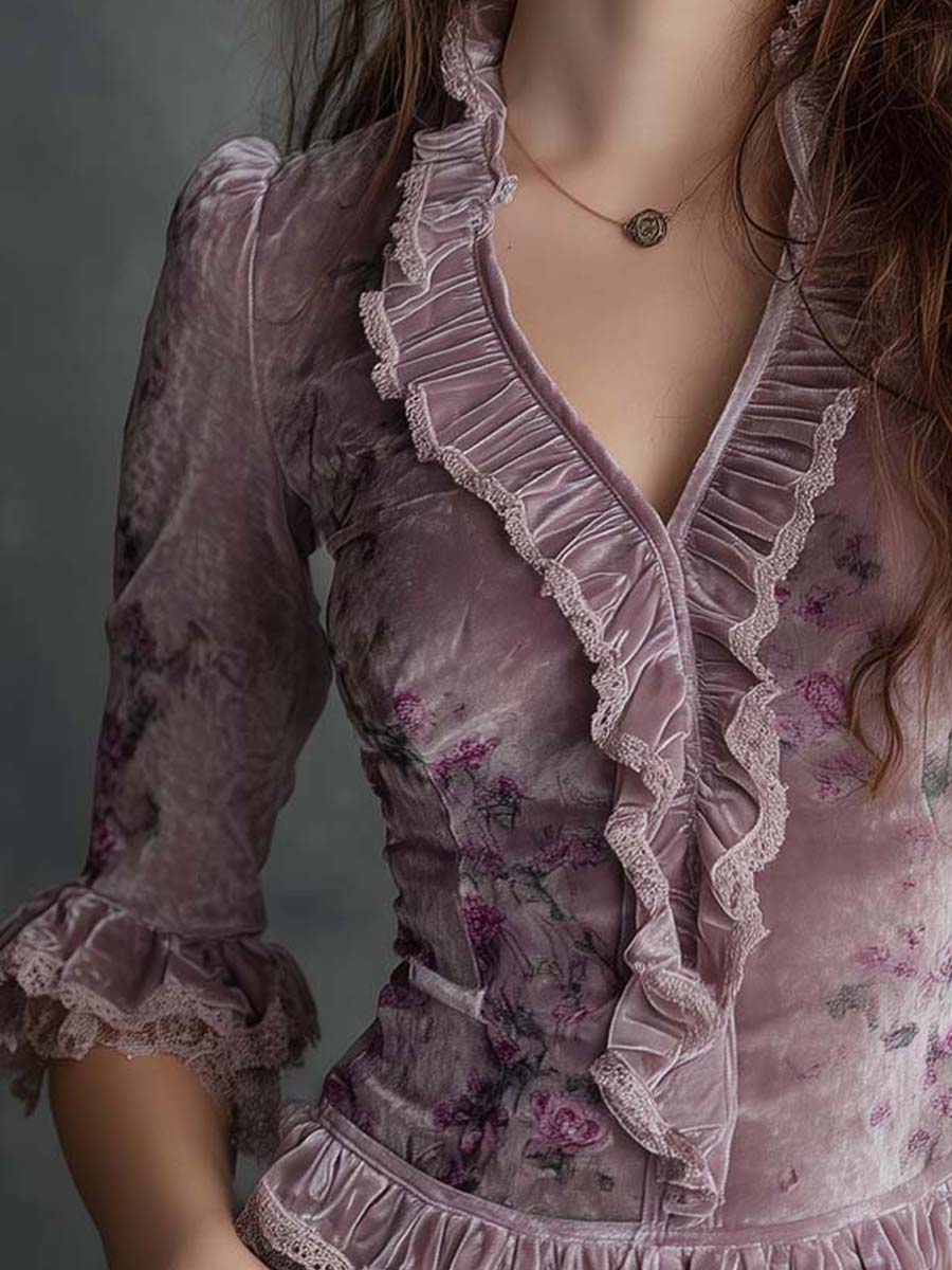 Vintage Floral Velvet Ruffle Top - Image 2