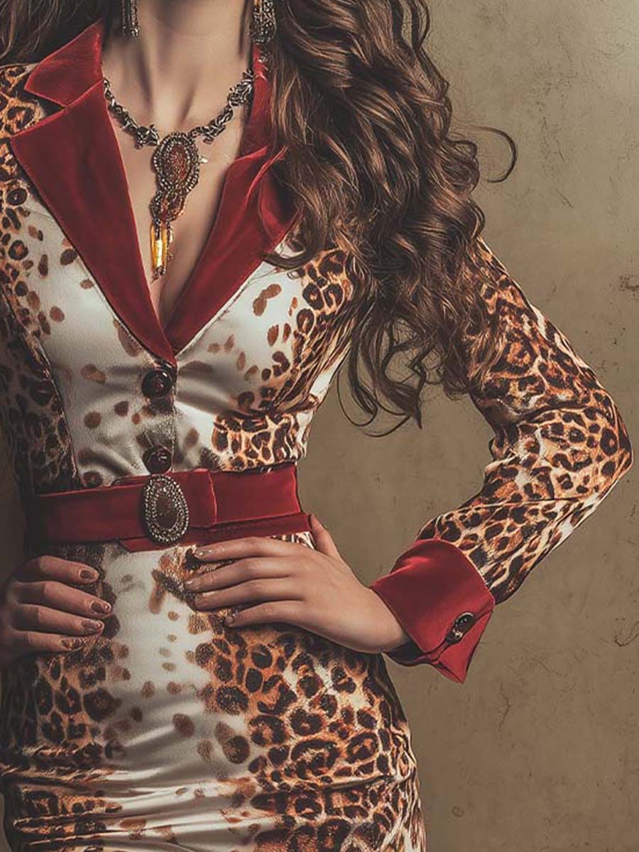 Vintage Glam Leopard Blazer Dress With Red Accents - Image 4