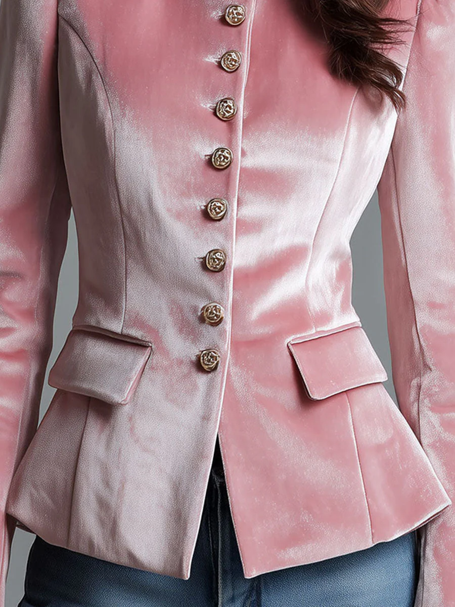 Vintage Grace Blush Pink Velvet Military Jacket - Image 3