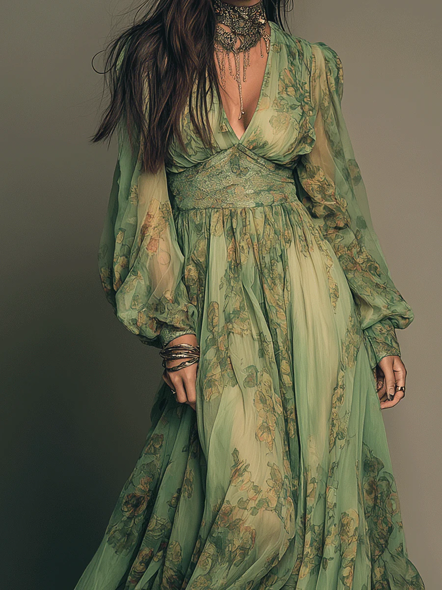 Vintage Green Bohemian Floral Ruffle Maxi Dress - Image 2