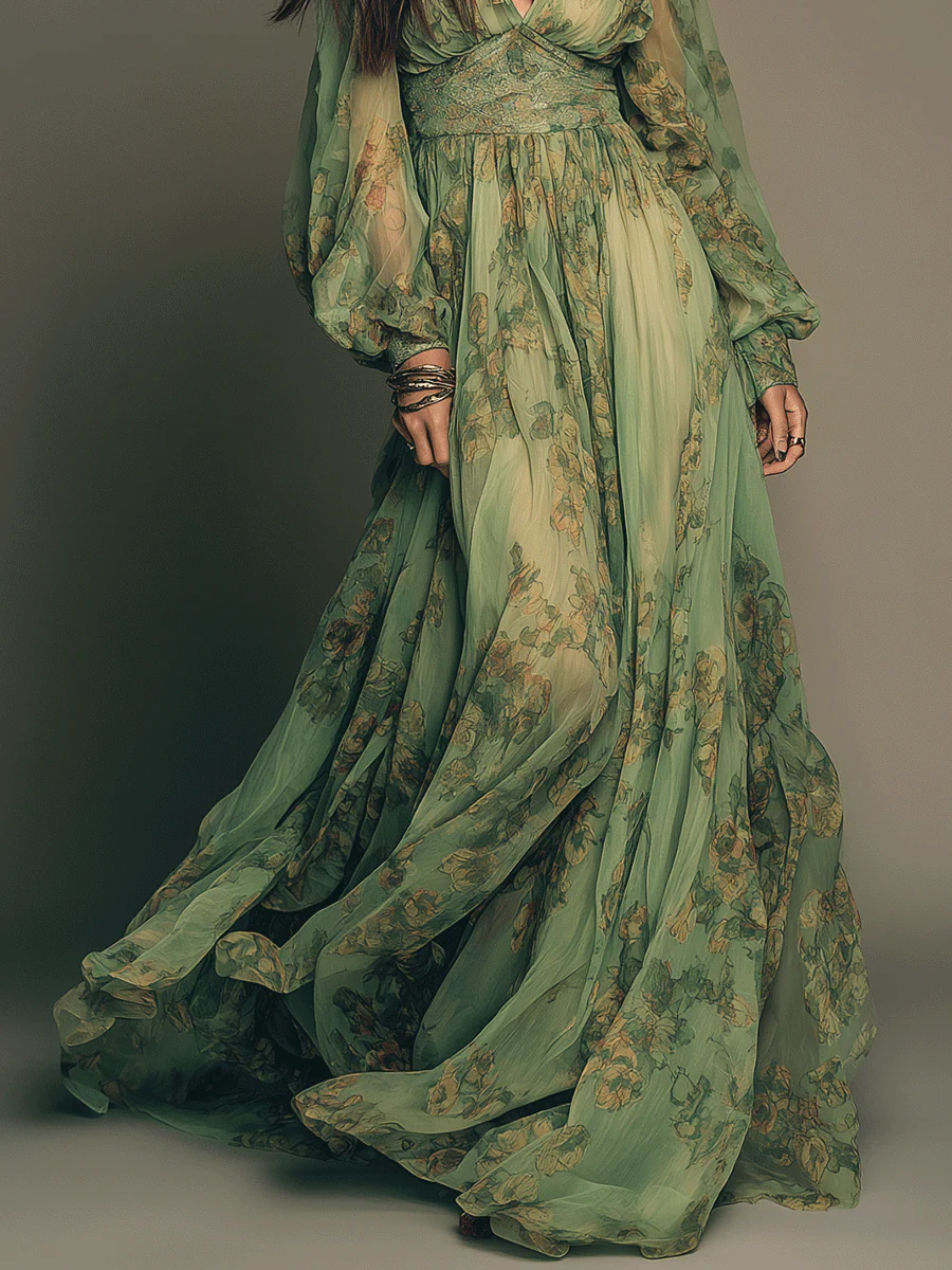 Vintage Green Bohemian Floral Ruffle Maxi Dress - Image 3