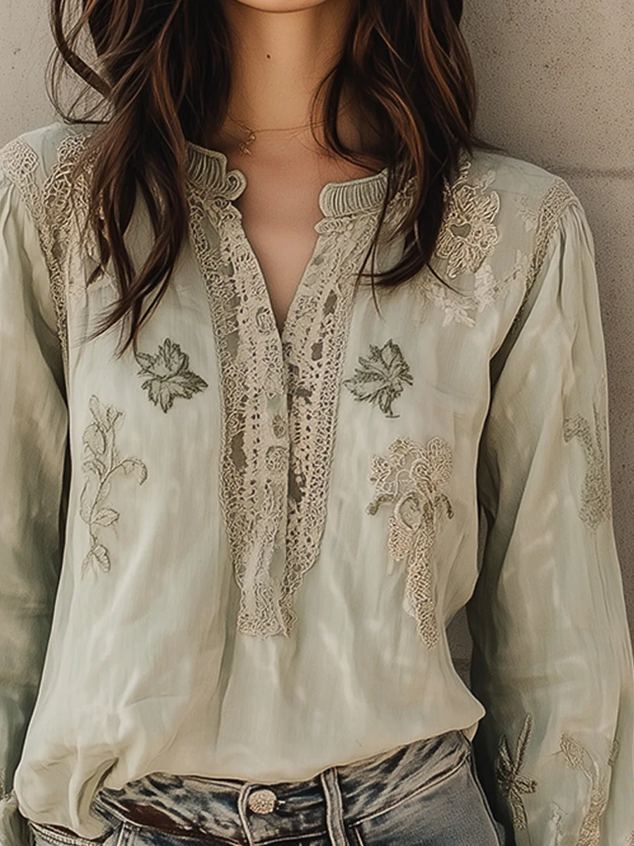 Vintage Green Cotton and Linen Embroidered Henley Collar Shirt - Image 2
