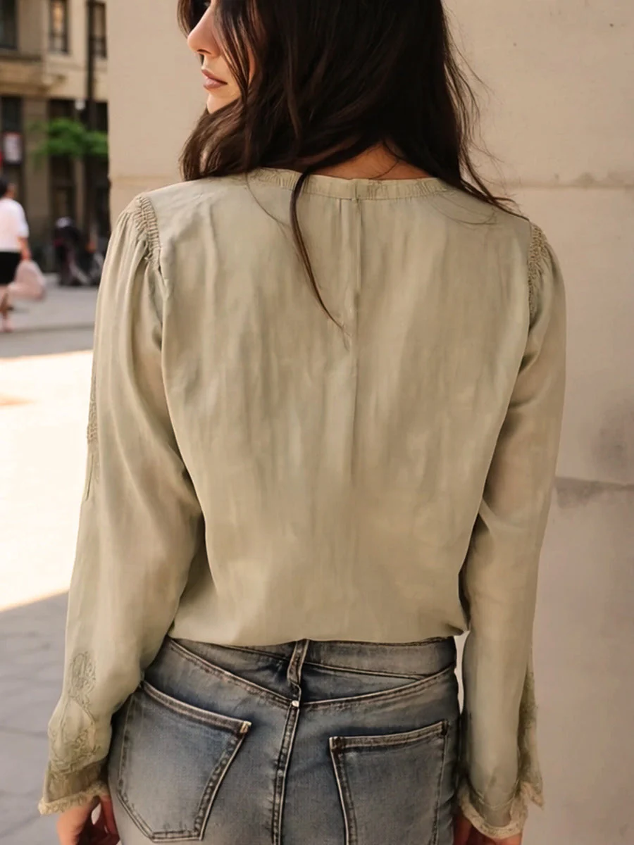 Vintage Green Cotton and Linen Embroidered Henley Collar Shirt - Image 5