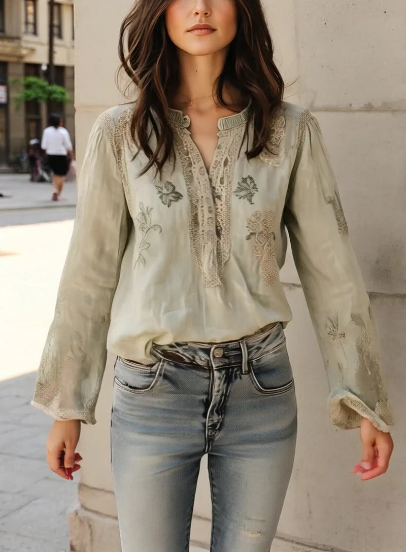 Vintage Green Cotton and Linen Embroidered Henley Collar Shirt - Image 6